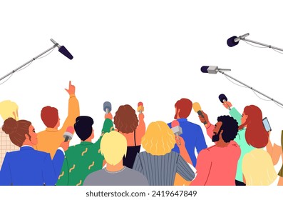 Group of journalist holding microphone participating in conference vector illustration. Man and woman mass media reporters with mics providing interview