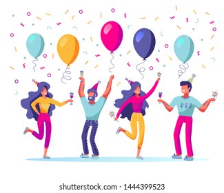 Group of joyful adult people celebrating holiday, event. Man and woman characters in holiday cap dancing, having fun and having toast with confetti and balloons on white background.People on party