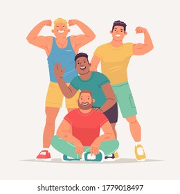Group of joyful athletic man visitors and trainers of the gym. Bodybuilders, athletes, powerlifters. Influencers of a healthy lifestyle and proper nutrition. Vector illustration in flat style
