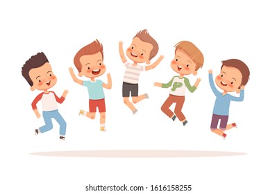A group of joyful boys jumping and having fun. Vector illustration