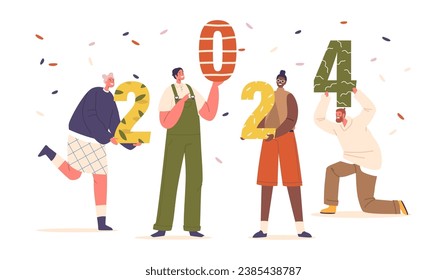 Grupo De Personajes Alegres Que Alegran Con Alegría Los Números Coloridos 2024 bajo el Confetti Caído, Ilustración Vectora