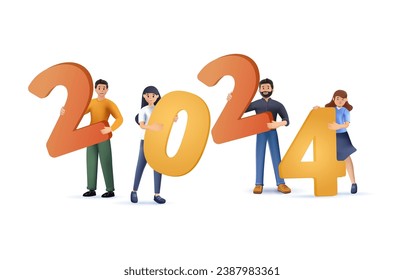 Group Of Joyful Characters Cheerfully Holding Colorful Numbers 2024 under the Falling Confetti, 3D Vector Illustration. Happy new year 2024 design. Banner, greeting and new year 2024 celebration