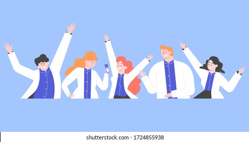 Grupo de alegres doctores con la cintura alta. Gente feliz con abrigos blancos. La invención de la medicina, las vacunas, la cura de la enfermedad. Ilustración vectorial plana con caracteres en un fondo de color azul.