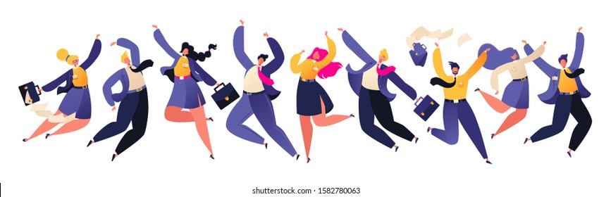 Group of joyful jumping business people with raised hands isolated on white background. Teamwork, business success, achieve results, goals and enrichment. Business competition concept.