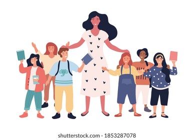 Group of joyful multiethnic schoolchildren and female teacher standing together. Pretty young woman and happy kids isolated on white background. Flat cartoon vector illustration.