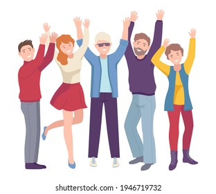 Group of Joyful People Characters Up with Hands Cheering About Something Vector Illustration