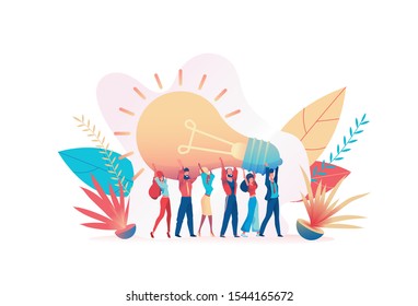 Group Of Joyful People Holds A Huge Light Bulb. Metaphor Of The Search For Ideas. Concept Of Team Office Work, Brainstorming, Collaboration. Vector Flat Illustration.