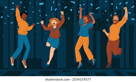 Group of joyful people jumping and celebrating together in a festive mood.