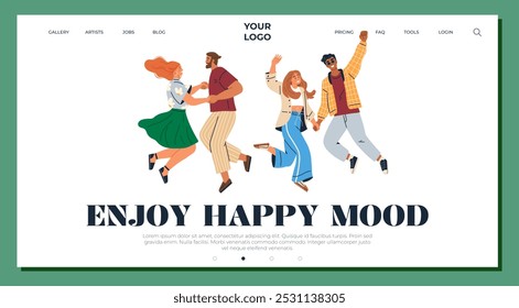 Group of joyful people jumping happily on a vibrant interface. Ideal for websites, positive energy, celebrations, lifestyle, and social connections. Modern flat style