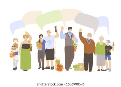 Group of joyful people with zero waste products in hands - bags, kitchen and beauty produts, showing OK sign with speech bubbles above. Zero Waste Lifestyle concept with different generation family
