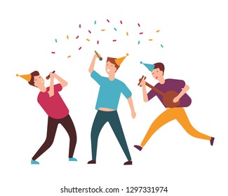 Group of joyful young men or boys in cone hats celebrating birthday. Funny friends singing songs and playing music instruments together at party. Colorful vector illustration in flat cartoon style.