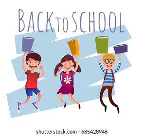 Group of jumping children with backpacks and books. Best friends. Happy youth vector illustration. Full editable for animation.