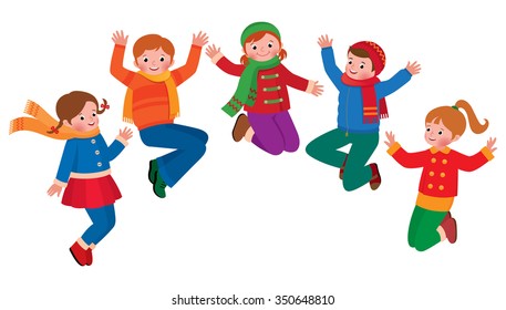 Group of jumping children boys and girls in winter clothes isolated on white background/Group of jumping children boys and girls/Stock vector illustration