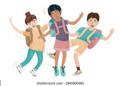 Grupo de Amigos Saltando. Ilustración vectorial. Retrato de jóvenes sonrientes y niñas o amigos de escuela. Escolares aislados en blanco.