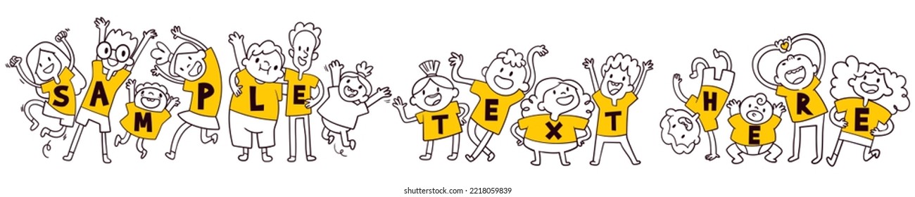 Group jumping kids dressed in matching Shirts with space for your text. Template for children design. Colorful cartoon characters. Funny vector illustration. Isolated on white background