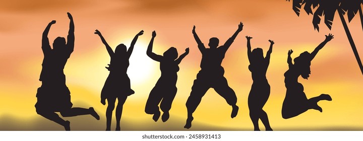 group of jumping men and women silhouettes on sunset sky background summer vacation vector illustration 