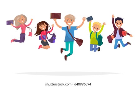 Group of jumping students with books, big backpacks and stylish brief bags isolated on white background. Reaction for successful exams passing and graduation. Happy youth vector illustration.