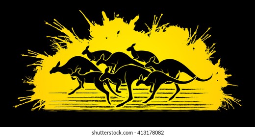 Group of Kangaroo jumping designed on grunge splatter background graphic vector.