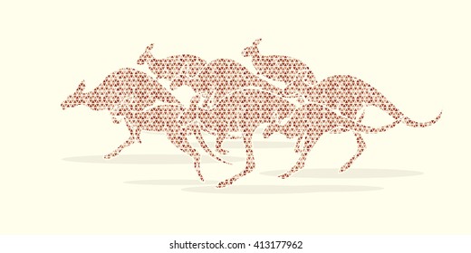 Group of Kangaroo jumping designed using brown mosaic pattern graphic vector.