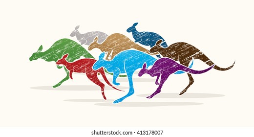 Group of Kangaroo jumping designed using colorful grunge brush graphic vector.