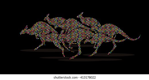 Group of Kangaroo jumping designed using colorful mosaic pattern graphic vector.