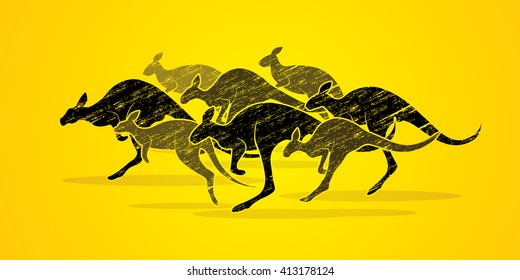 Group of Kangaroo jumping designed using black grunge brush graphic vector.