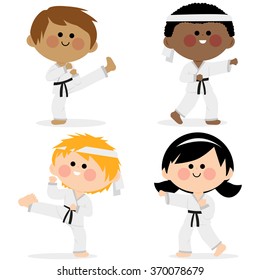 Group of karate kids practicing martial arts. Vector illustration