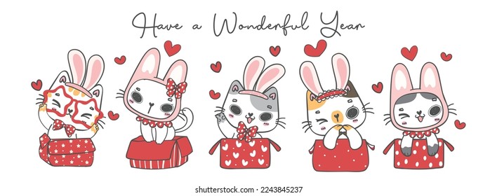 group of kawaii kitten cats wear bunny rabbit ears, in red boxes, have a wonderful year, cartoon character pet animal doodle hand drawing illustration