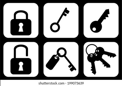 Group of keys and padlocks web internet icons, signs, symbols, black and white design. vector art image illustration, isolated on white background, eps10 