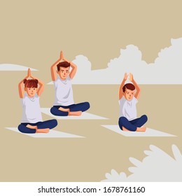 Group of kid doing yoga exercise outdoor
