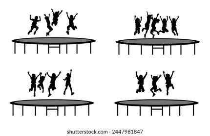 Group of kid jumping trampoline, jumping for joy silhouette isolated on white