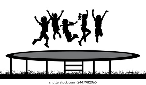 Group of kid jumping trampoline, jumping for joy silhouette isolated on white