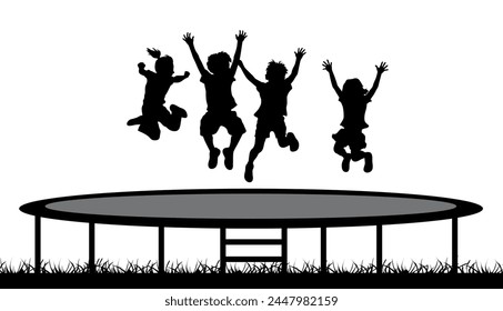 Group of kid jumping trampoline, jumping for joy silhouette isolated on white