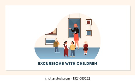 Group of kid in the museum. Child watching exposition in art gallery. Kids on excursion. Flat vector illustration