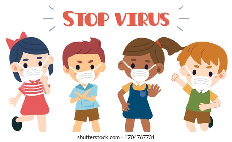 The group of kid with stop the virus theme in flat vector style. illustation of kid with healthcare and medical content.