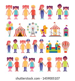 group of kids and amusement park bundle characters vector illustration design