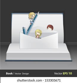 Group of kids around envelope on white book. Vector design. 