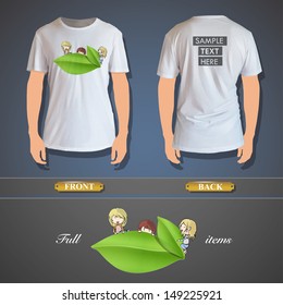 Group of kids around leaf printed on white shirt. isolated vector design. 