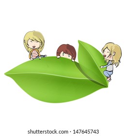 Group of kids around leaf. Vector design