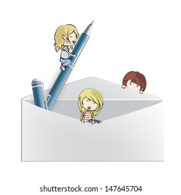 Group of kids around realistic pen inside envelope. Vector design. 