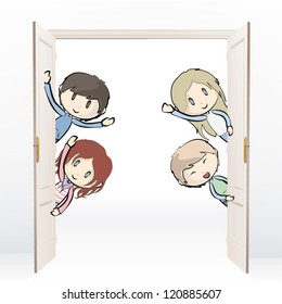 Group of kids behind de door. Vector design.