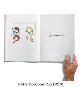 Group of kids behind de door printed on isolated book. Vector design.