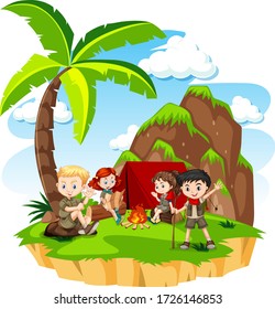 Group of kids camping in nature illustration