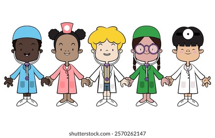 Group of Kids cartoon characters from six continents holding hands and playing as medical staff with medical uniform and stethoscope toys. Best for logo and mascot with profession themes for kid