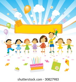 group of kids celebrating, birthday cake and party banner