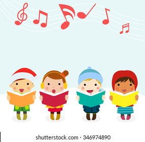 Group of kids chorus singing Christmas songs. Vector illustration