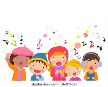 Group Of Kids Chorus Singing Christmas Songs. Vector Illustration