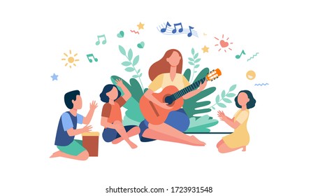 Group Of Kids Clapping Hands At Their Teacher Playing Guitar. Children Enjoying Music Class Outdoors. Can Be Used For Daycare, Education, Musical School Concepts