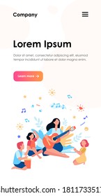 Group of kids clapping hands at their teacher playing guitar. Children enjoying music class outdoors. Can be used for daycare, education, musical school concepts