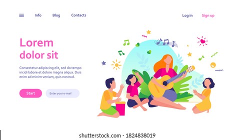 Group of kids clapping hands at their teacher playing guitar. Children enjoying music class outdoors. Can be used for daycare, education, musical school concepts